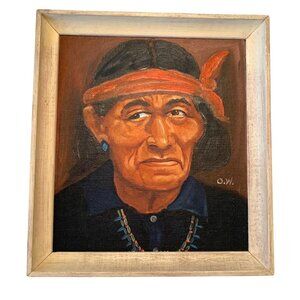 VTG Framed Native American Portrait Long Salt Navajo Signed O.W. Olive Wilprud